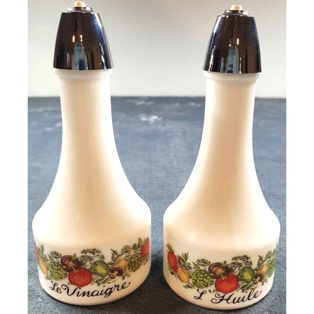 Gemco Cruet Set of 2 "Spice Of Life" Oil & Vinegar Dispenser Milk Glass Vintage